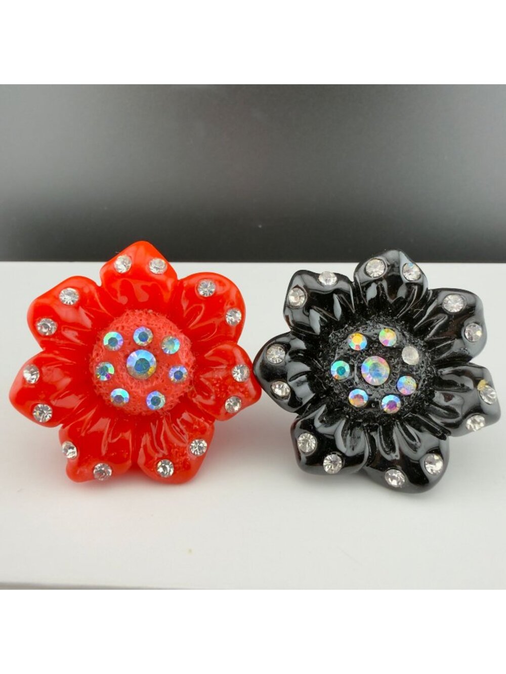 Chunky Carved Rose Resin Ring Set Black Red Flower Bling Size 6.5 and 8.5
